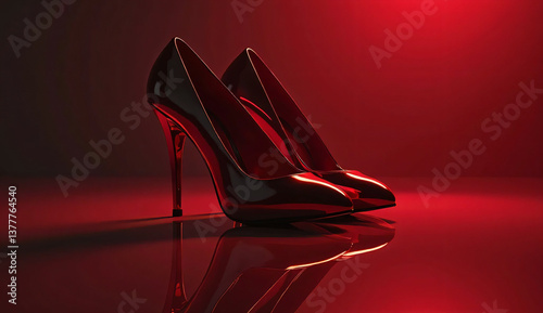 A pair of glossy red stiletto heels on a reflective surface with dramatic lighting.