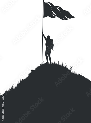 Silhouette of a person standing on a mountain peak holding a flag, symbolizing achievement.