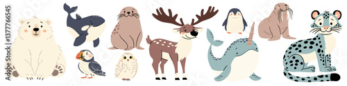 Vector set of flat vector illustrations in a simple children's style. Cute animals of the north pole. Polar bear walrus walrus penguin snow leopard seal orca polar owl narwhal. Vector illustration