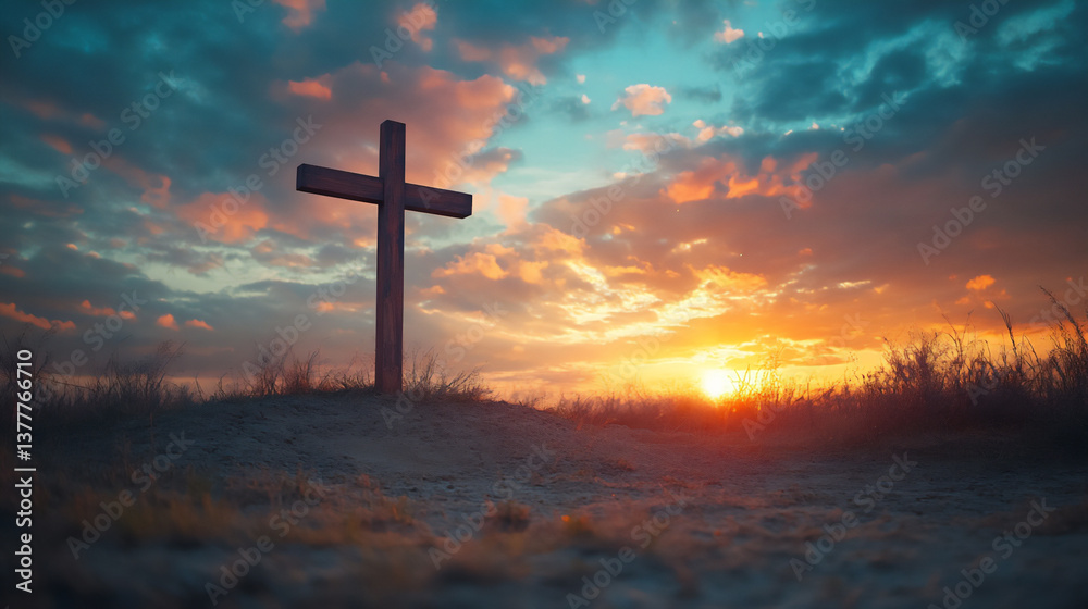 a presentation slide with a wooden cross against a sunset sky, a presentation slide with a wooden cross against a sunset sky,