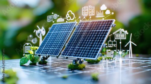 Solar panels with digital icons representing renewable energy and sustainability concepts. image features greenery and blurred natural background, symbolizing eco friendly technology
