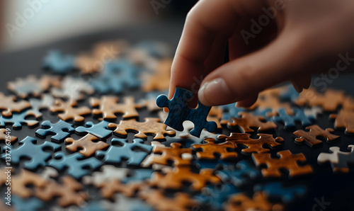 Hand Picking Puzzle Piece Among Mixed Wooden Puzzle Pieces