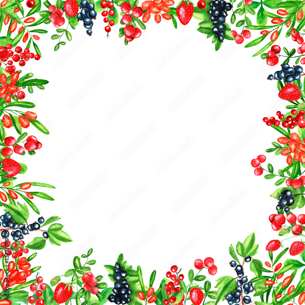 Square frame with cowberry, strawberry, red currant, black currant, sea buckthorn. Hand drawn watercolor berries. Design for paper, background, menu, poster, textile, wallpaper, business cards. Square frame with cowberry, strawberry, red currant, black currant, sea buckthorn. Hand drawn watercolor berries. Design for paper, background, menu, poster, textile, wallpaper, business cards.