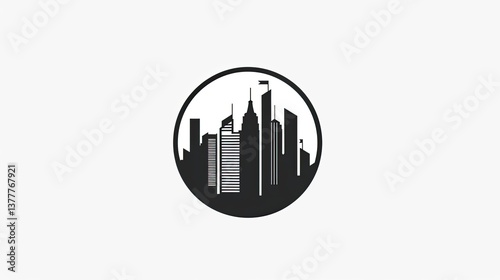 Logo design: vector graphic of a city skyline inside a circle, a simple, minimal logo with a flat black and white color palette