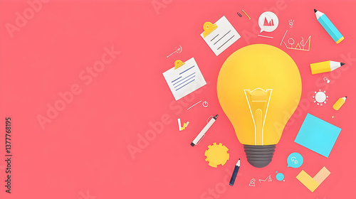 Creative Light Bulb Concept with Office Supplies and Paper Elements