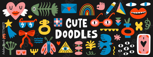 Cute colored doodle cartoon characters and abstract elements. Hand-drawn vector set. Illustration elements for decor, pattern, poster, card or sticker design.