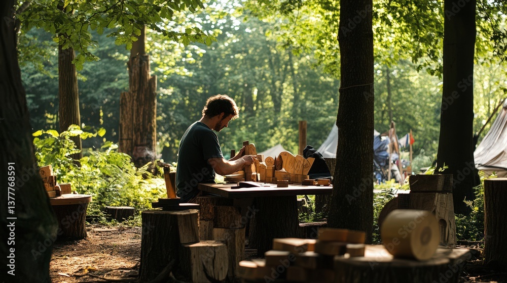 A man crafting wooden objects in a natural outdoor setting A man crafting wooden objects in a natural outdoor setting