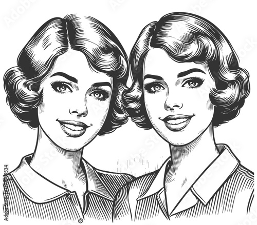 twin women with classic hairstyles, smiling in vintage fashion reminiscent of the 1950s sketch engraving generative ai vector illustration. Scratch board imitation. Black and white image.