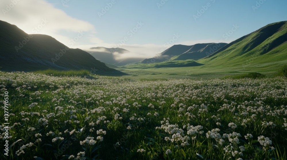 Serene vast grassland with rolling hills and wildflowers at sunrise, misty morning, photorealistic nature scene Serene vast grassland with rolling hills and wildflowers at sunrise, misty morning, photorealistic nature scene