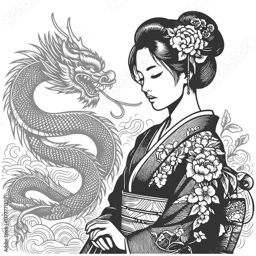 Japanese woman in traditional kimono with floral design, beside a mythical dragon, drawn in intricate black and white style sketch engraving generative ai vector. Scratch board. Black and white.