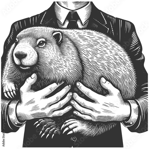 man in a suit holding a groundhog, blending formal attire with nature in a surreal way sketch engraving generative ai vector illustration. Scratch board imitation. Black and white image.