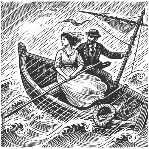 man and woman escaping by rowboat in a stormy sea, pursued by a sailing ship sketch engraving generative ai fictional character vector illustration. Scratch board imitation. Black and white image.