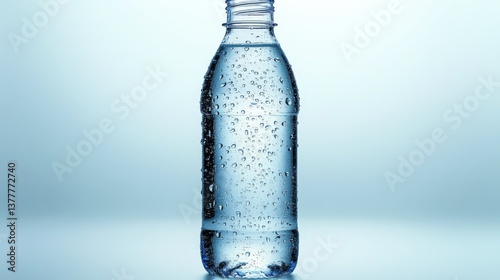 Fresh coconut water in transparent tall bottle with condensation on white background photo