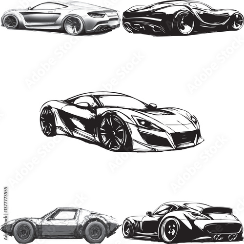 set of three images of cars, black and white graphics, vector
