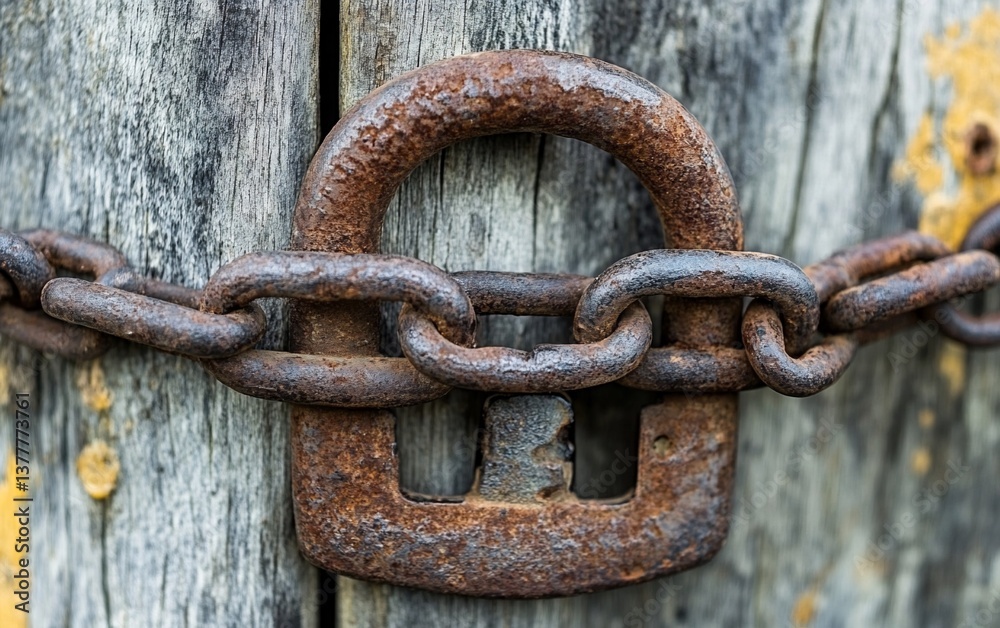 Metal chain with lock secured on wood Metal chain with lock secured on wood