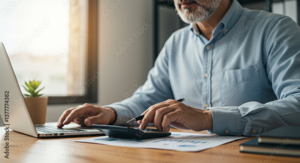 Fototapeta premium Experienced professional analyzing financial data using laptop and calculator at desk
