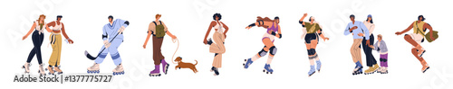 People are rollerskating set. Happy skaters are rollerblading outdoors in summer. Men, women, kids skate, play rink hockey, ride on rollers. Flat isolated vector illustrations on white background