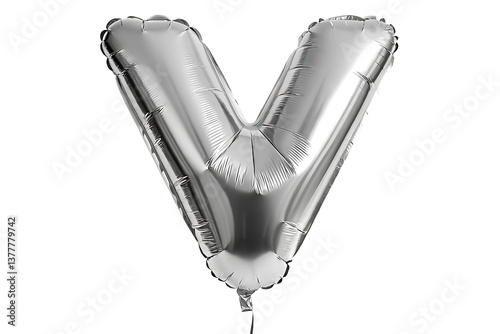 A shimmering silver letter V balloon, celebrating victory, a vibrant symbol of achievement and triumph, against a stark white background.