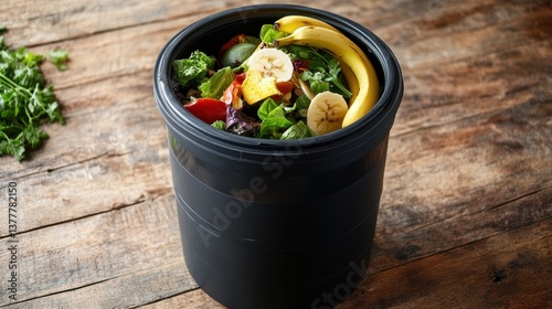 Organic food waste compost bin filled with banana peels and vegetables on a wooden surface showcasing a sustainable lifestyle and zero waste principles