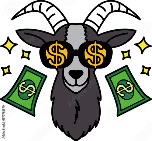 isolate illustration of Goat wearing dollar glasses and dollar bills