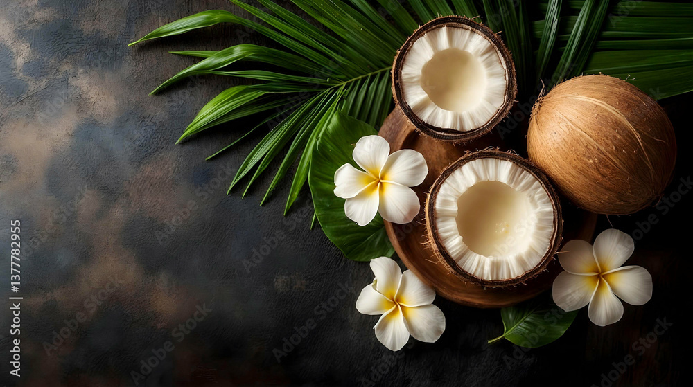 Top view of coconuts with flowers and leaves and with Copy Space. The concept of a tropical still life with an emphasis on natural aesthetics. Top view of coconuts with flowers and leaves and with Copy Space. The concept of a tropical still life with an emphasis on natural aesthetics.