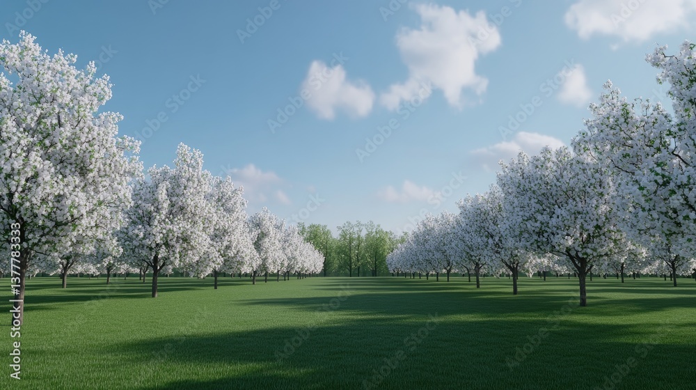 Rows of blooming trees fill the landscape with white flowers, creating a springtime spectacle under a clear blue sky Rows of blooming trees fill the landscape with white flowers, creating a springtime spectacle under a clear blue sky