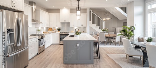 Stylish open concept kitchen and living room with white cabinets, grey island, stainless steel appliances, and dining table in the corner.