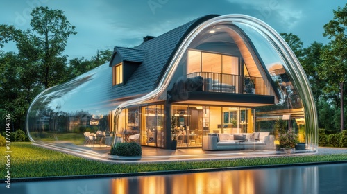 An architecturally striking and contemporary two story home with a large domed glass exterior set amidst a serene natural landscape with trees and lush greenery
