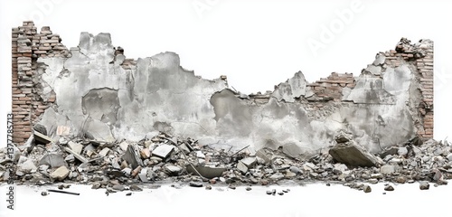 Cracked Concrete Wall with Debris Piled on Ground Evoking a Sense of Abandonment and Decay
