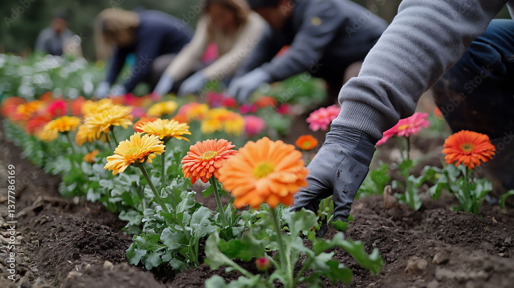 Fototapeta premium a community garden with people planting flowers together.