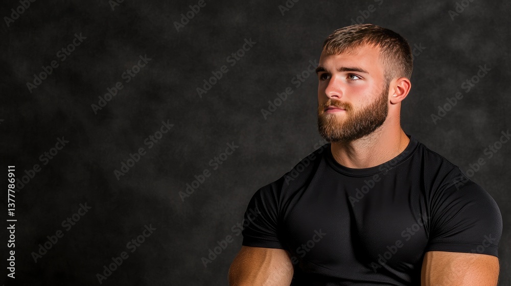 Naklejka premium An attractive man with short hair and a beard smiles warmly while wearing a black t-shirt against a solid backdrop
