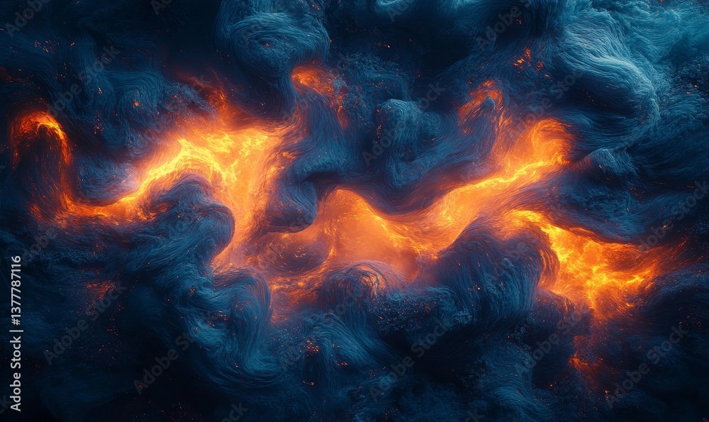 Fototapeta premium An abstract depiction of fiery orange energy flowing through dark blue and gray nebulous clouds