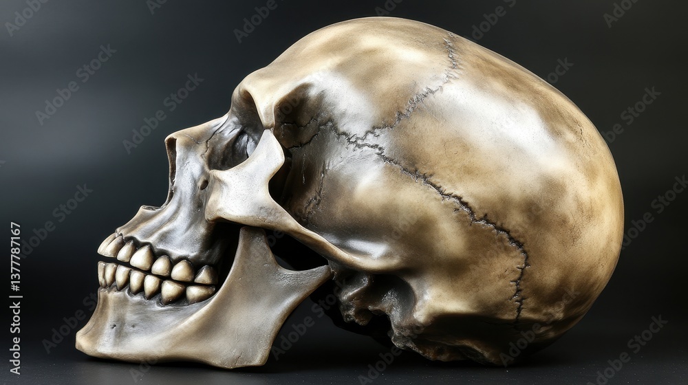 Naklejka premium Exploration of hyper realistic skull artistry showcasing intricate details and side profile anatomy in a muted environment