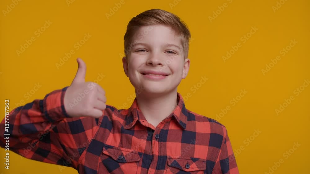 Boy Shows Thumbs Up with Right Hand on Yellow Background Boy Shows Thumbs Up with Right Hand on Yellow Background