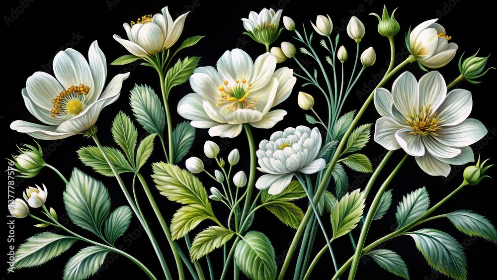 Obraz premium Dark Background Floral Art: Hand-Drawn White Flowers, Botanical Illustration, Elegant Nature Photography, Fine Art Print, White Flower Stems, Leaves, Dark Floral Design