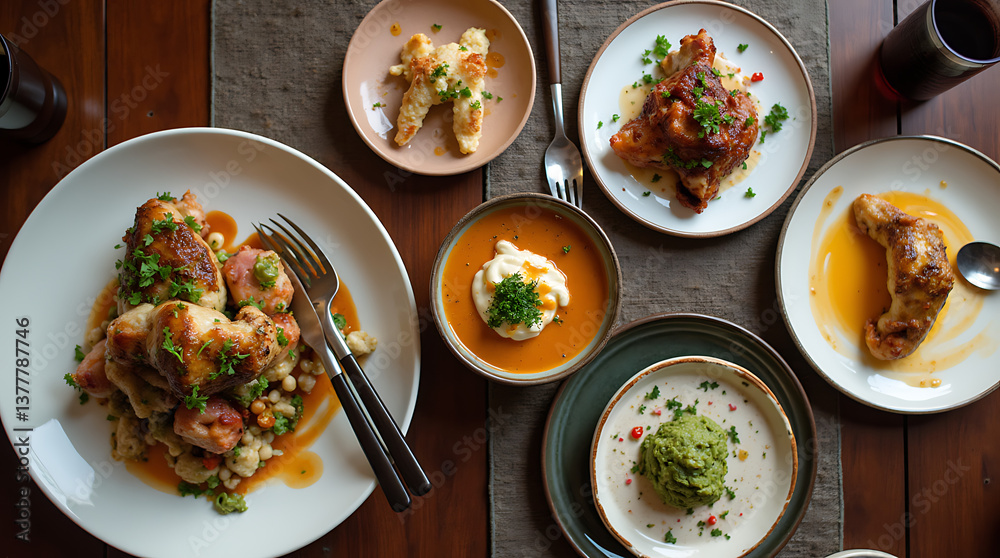 Overhead View of a Dining Table Set with Plates of Gourmet Dishes for Food Enthusiasts Overhead View of a Dining Table Set with Plates of Gourmet Dishes for Food Enthusiasts