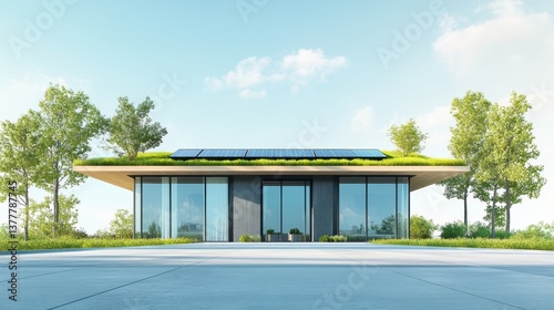 Modern eco-house embodies sustainable living with grass rooftop and solar panels  harmoniously nestled in a pristine natural landscape