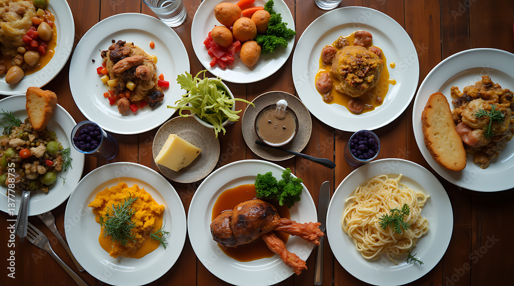 Overhead View of a Dining Table Set with Plates of Gourmet Dishes for Food Enthusiasts Overhead View of a Dining Table Set with Plates of Gourmet Dishes for Food Enthusiasts