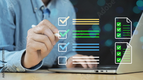 Checklist online document practices and policies concept, Businessman use tablets to check steps through policies document company articles of association Terms and Conditions, Quality inspection