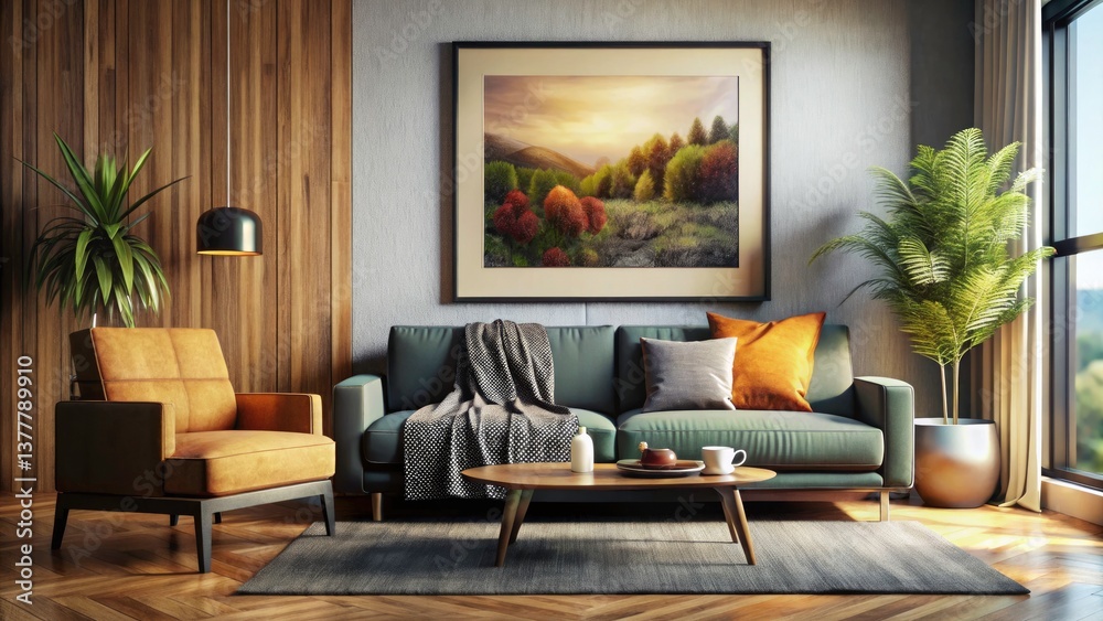 Fototapeta premium Modern Minimalist Living Room 3D Mockup, Black Frame, Macro Photography, Interior Design, Home Decor