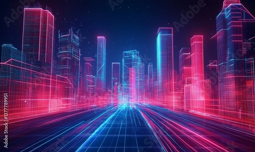A futuristic cityscape with glowing buildings and roads in neon pink and blue against a dark background