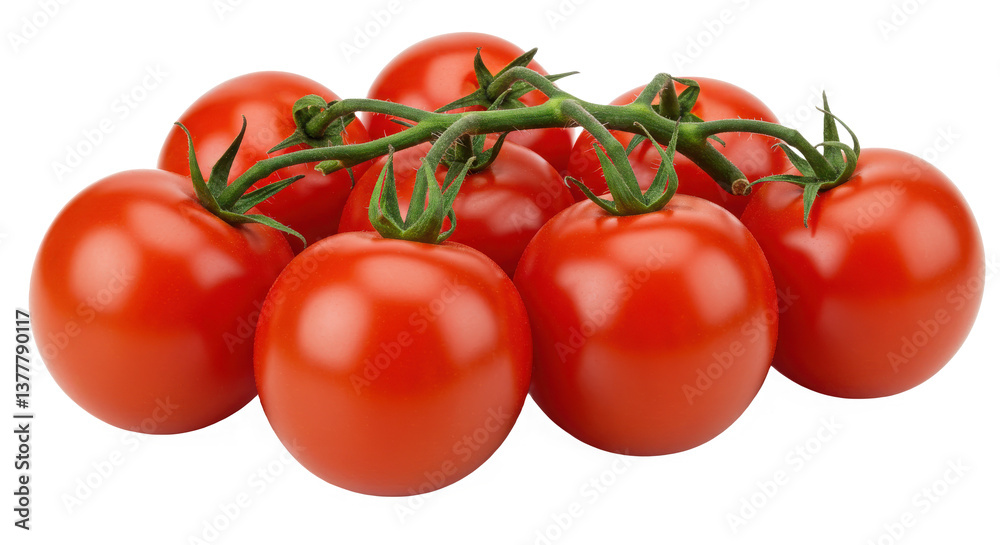 A cluster of fresh red tomatoes still attached to their green stems on a white background surface top view A cluster of fresh red tomatoes still attached to their green stems on a white background surface top view