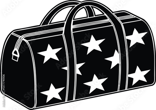 Black and white vector illustration of a duffle gym bag with star patterns, representing sports, travel, and fitness gear in a modern and stylish design