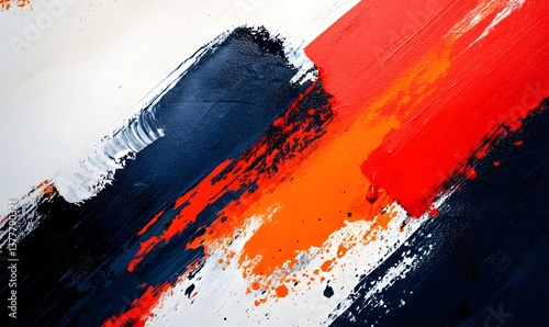 Abstract painting featuring bold brushstrokes of red orange navy blue and white on a textured canvas