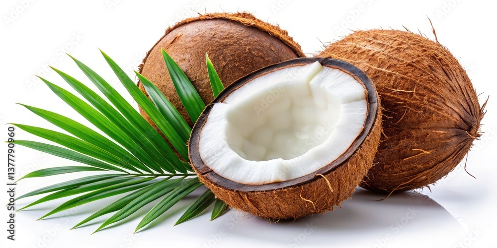 Tropical Coconut Photography: Half & Whole Coconut on White Background - Stunning Food & Drink Image Tropical Coconut Photography: Half & Whole Coconut on White Background - Stunning Food & Drink Image