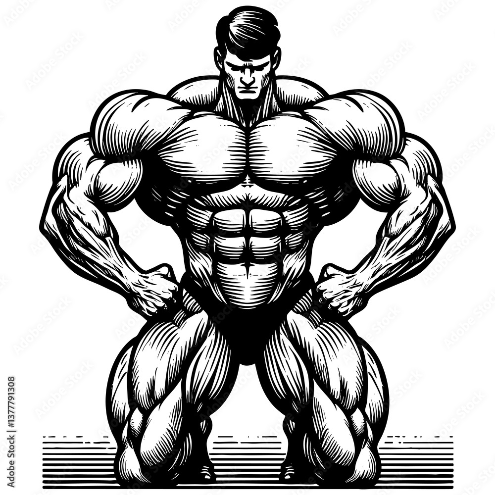 Φωτογραφία massive, muscular strongman standing confidently with hands on hips, showcasing power, strength, and detailed anatomy sketch engraving generative ai PNG illustration
