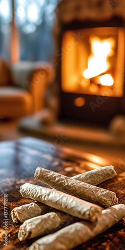 rolled cones on a luxury coffee table with a chirstmas fireplace in the background bokeh