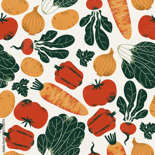 Tasty vegetables seamless pattern. Radish with carrot and spinach with pepper. Food ingredients. 