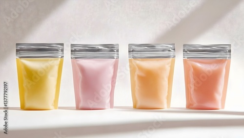 Four colorful squeeze pouches filled with creamy liquids, likely flavored or themed, arranged in a row. Concept Colorful Squeeze Pouches, Flavorful Creamy Liquids, Themed Arrangements photo