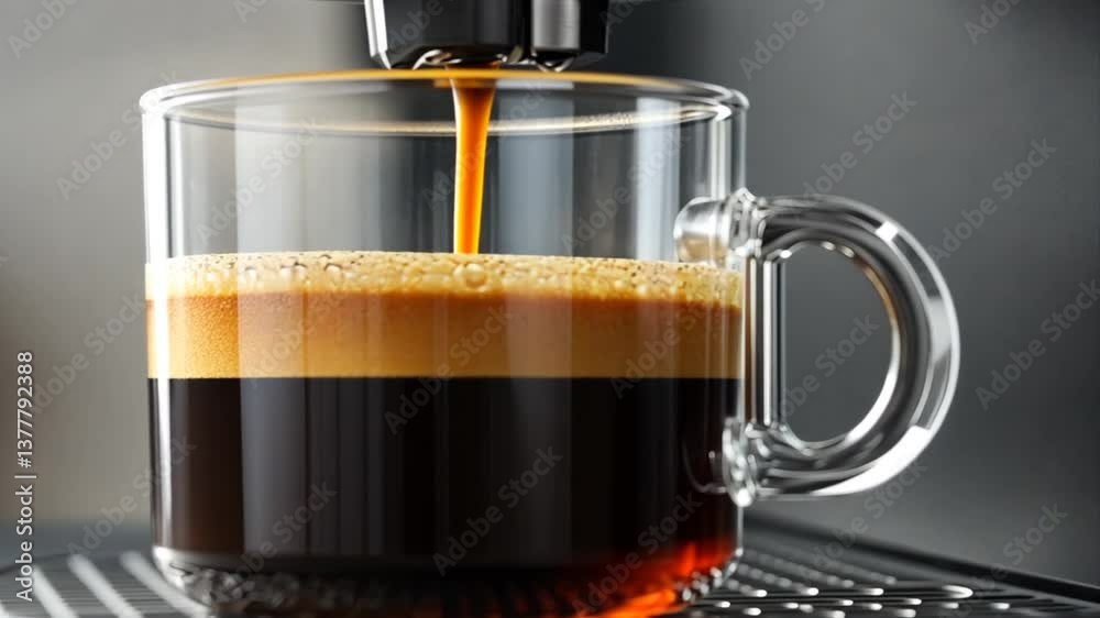 Pouring fresh espresso into a clear glass mug showcasing rich crema and dark liquid against a sleek machine for a vibrant start